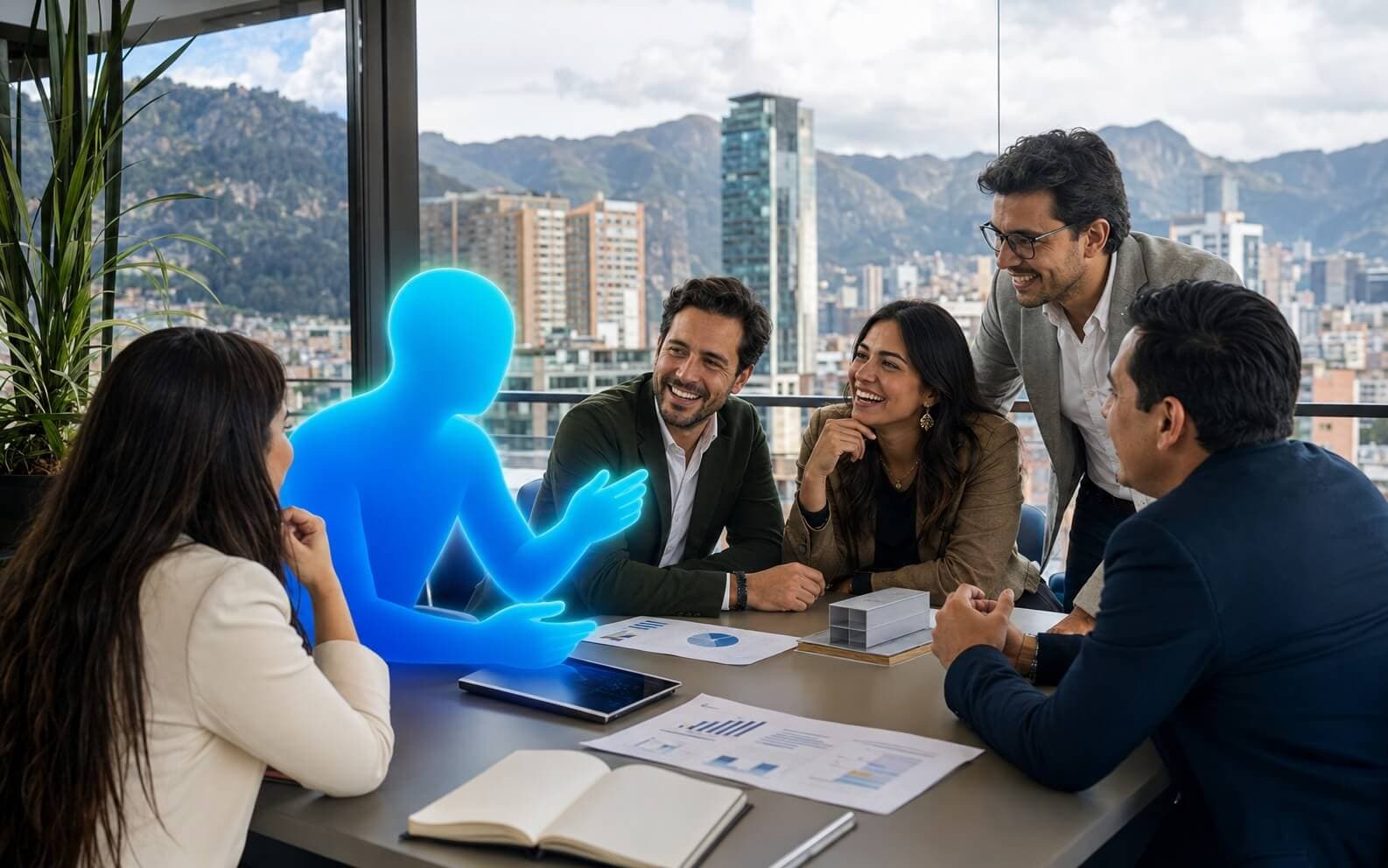 Equipo de trabajo colaborando con un sistema de inteligencia artificial